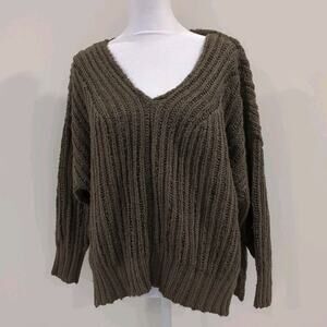 Olivaceous Boxy Sweater Olive Green 3/4 Sleeve Oversized Chunky Knit Womens M